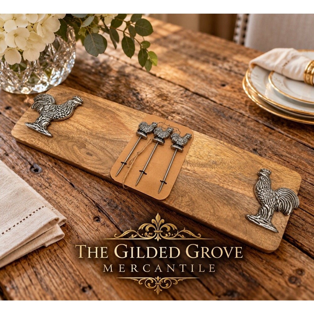 Mud Pie Rooster Wood Charcuterie Serving Board w/ 3 Picks Farmhouse Decor